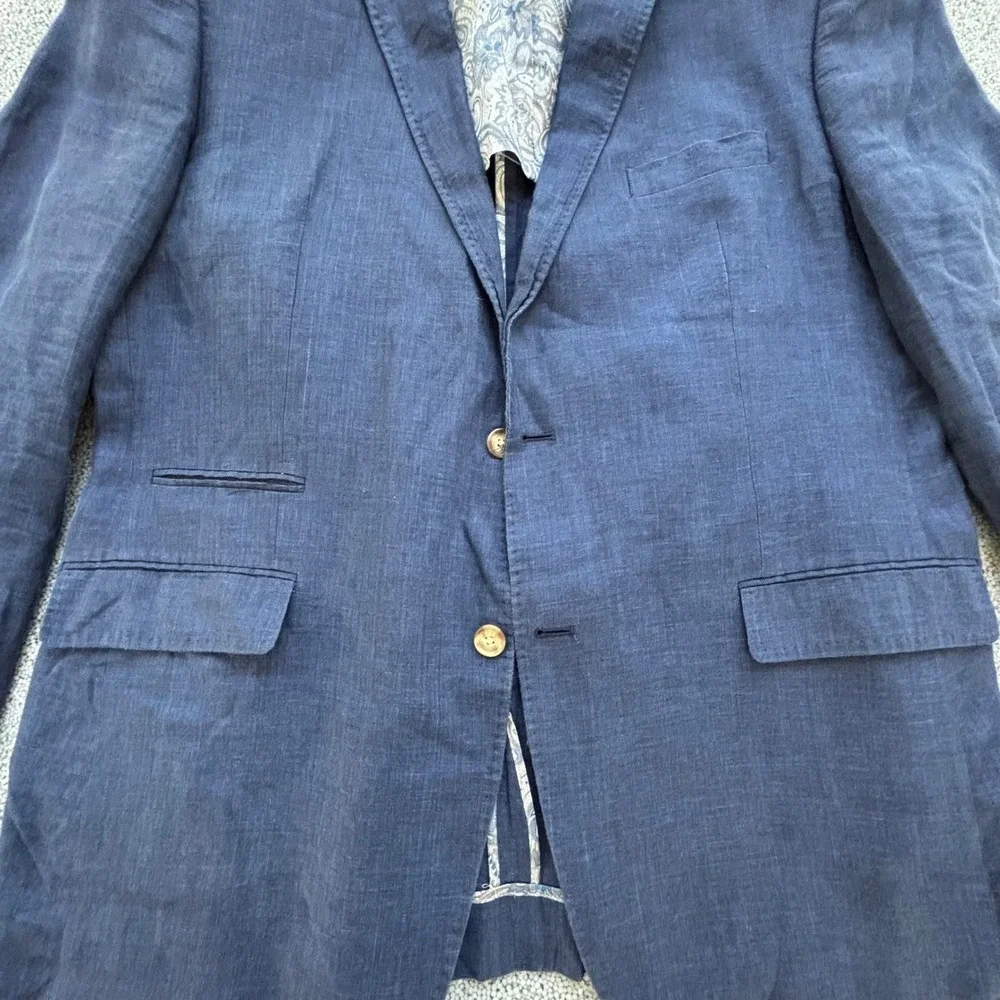 Alan Flusser Linen Blazer Mens 46 L Blue Paisley Lining Coastal Beach Wedding